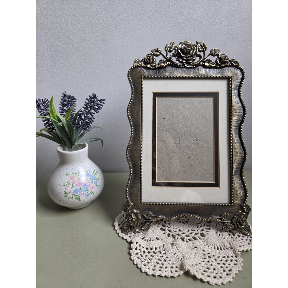 Ornate Rose Picture Frame Antique Brass Finish Victorian Style Floral Decor